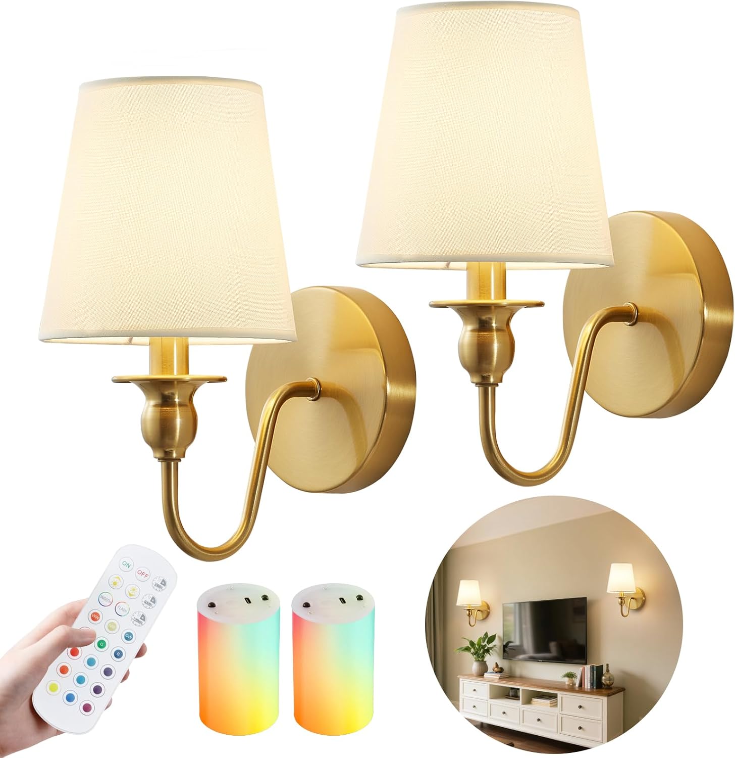 Battery Operated Wall Sconces set of Two,Wireless Wall Sconces with 10000mAh Dimmable Bulb and Remote,LED 15 Colors Rechargeable Gold Wall Sconce with Fabric for Bedroom Living Room Hallway Wall Decor