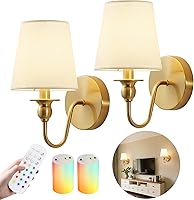Wireless Battery Operated Gold Wall Sconces Set of 2 - Rechargeable 10000mAh Dimmable LED Bulbs, 15 Colors, Remote Control for Bedroom Living Room