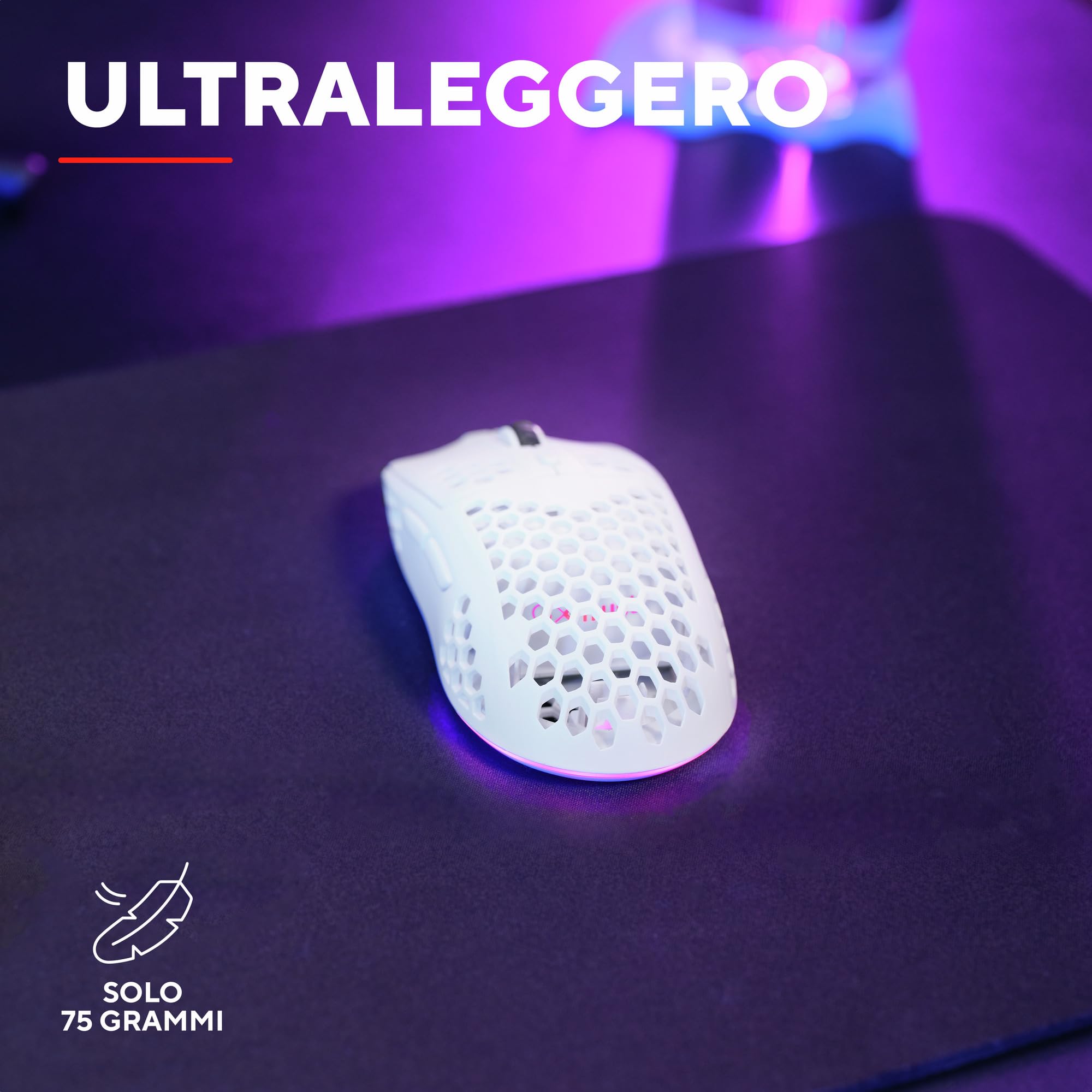 Trust Gaming GXT 929W Helox Mouse Gaming Wireless Superleggero 75g, 80h di Durata Batteria, 2.4GHz Ricevitore USB, Regolazione DPI (800-4800), Illuminazione LED, Mouse Wireless Ricaricabile - Bianco