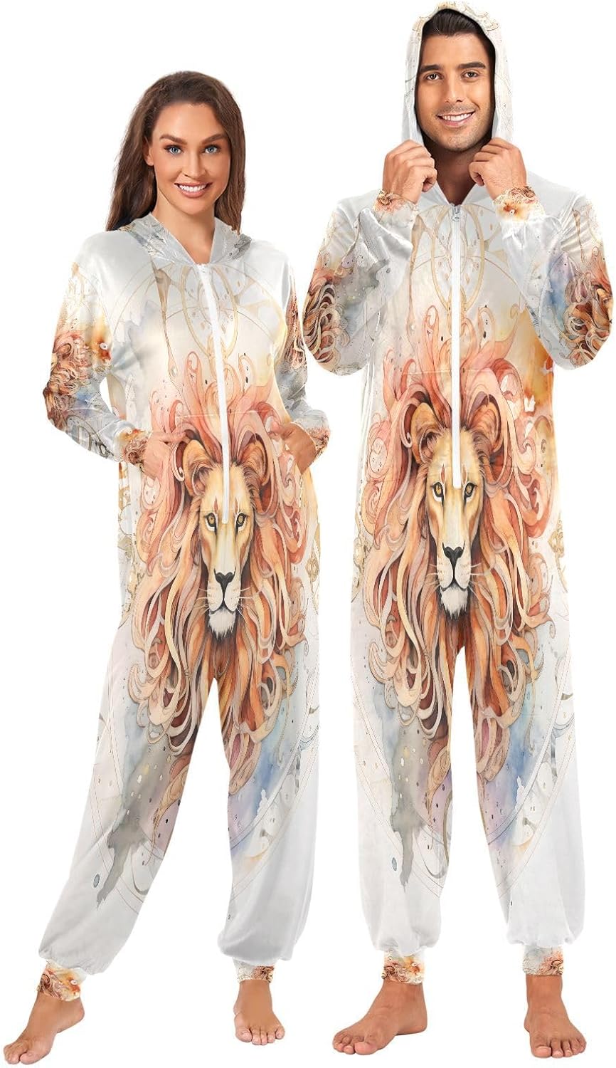 ALAZA King Of Lion Adult Onesie Pajamas Set for Men Women Hooded Costume One-Piece Sleepwear Jumpsuit