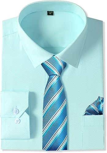 Cromoncent Conjunto de camisa de vestir de manga larga para hombre y corbata con corbata y pañuelo a juego