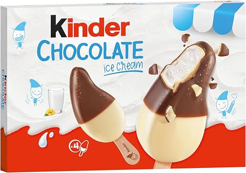 Kinder Chocolate Ice Cream - 4 Stecchi Gelato al Latte con Doppia Copertura Bianca e al Cioccolato al Latte, Ottimo a Merenda, Confezione da 152 Grammi