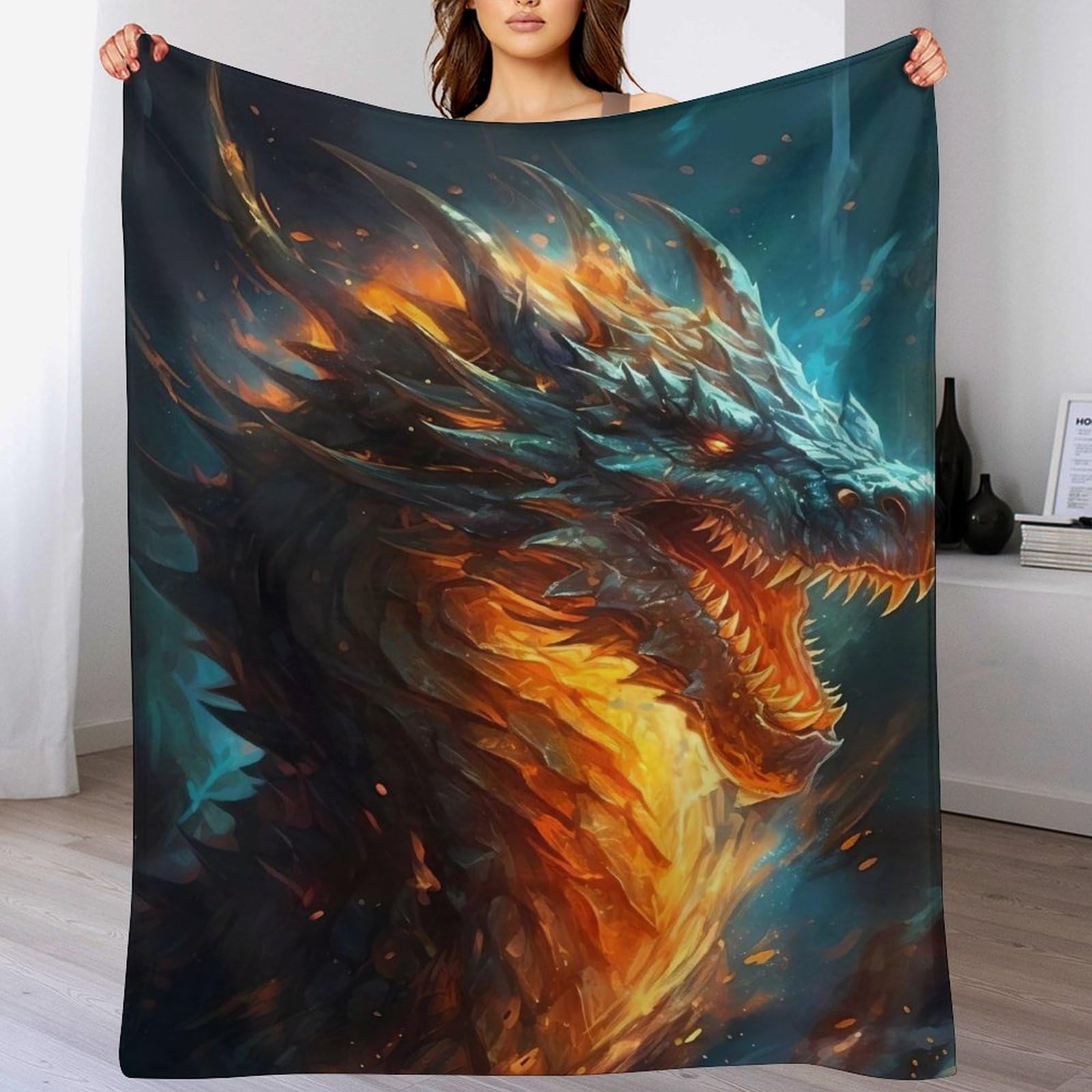Couverture polaire dragon contre les nuits froides, flannel douce 180x200cm pour lit et canapé