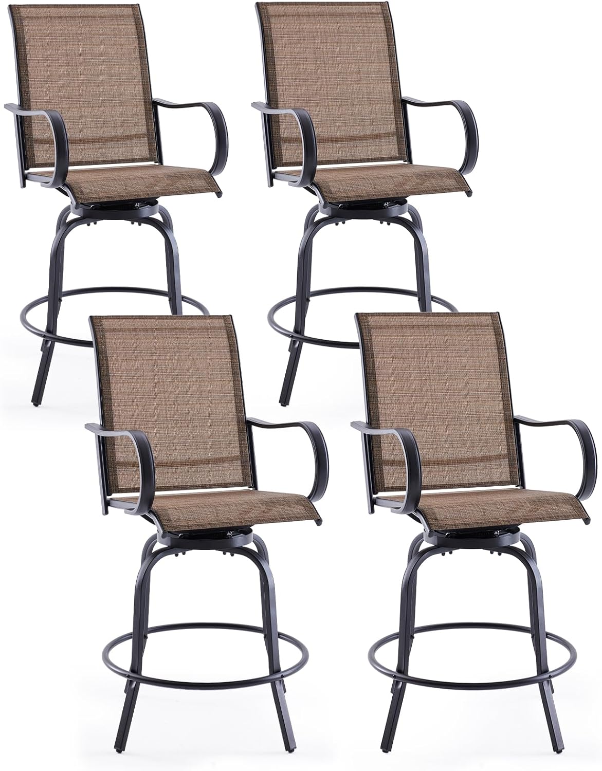 Patio Swivel Bar Stools Set of 4，All-Weather Outdoor High Bistro Stools with Textilene Fabric for Outside, Beach, Lawn, Poolside and Garden (Black/Brown)