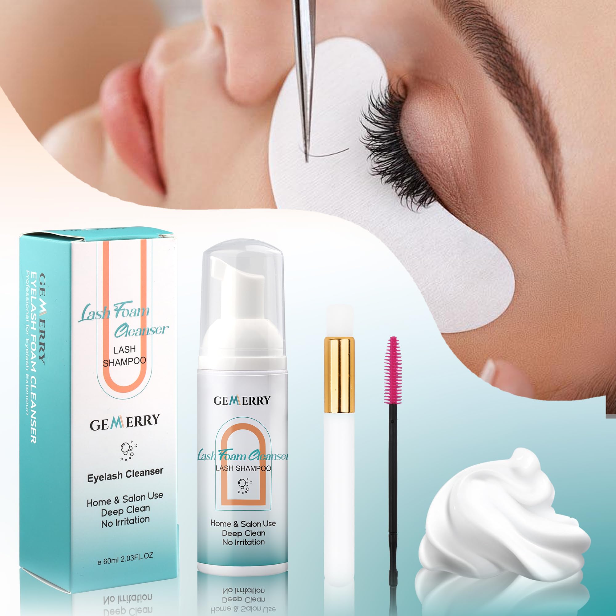 GEMERRY 60 ml Shampoing cils extension Nettoyant Extension Cils Remover Cils Extension Mousse avec Brosse de Nettoyage Lashes Mousse Nettoyante Rehaussement Cils