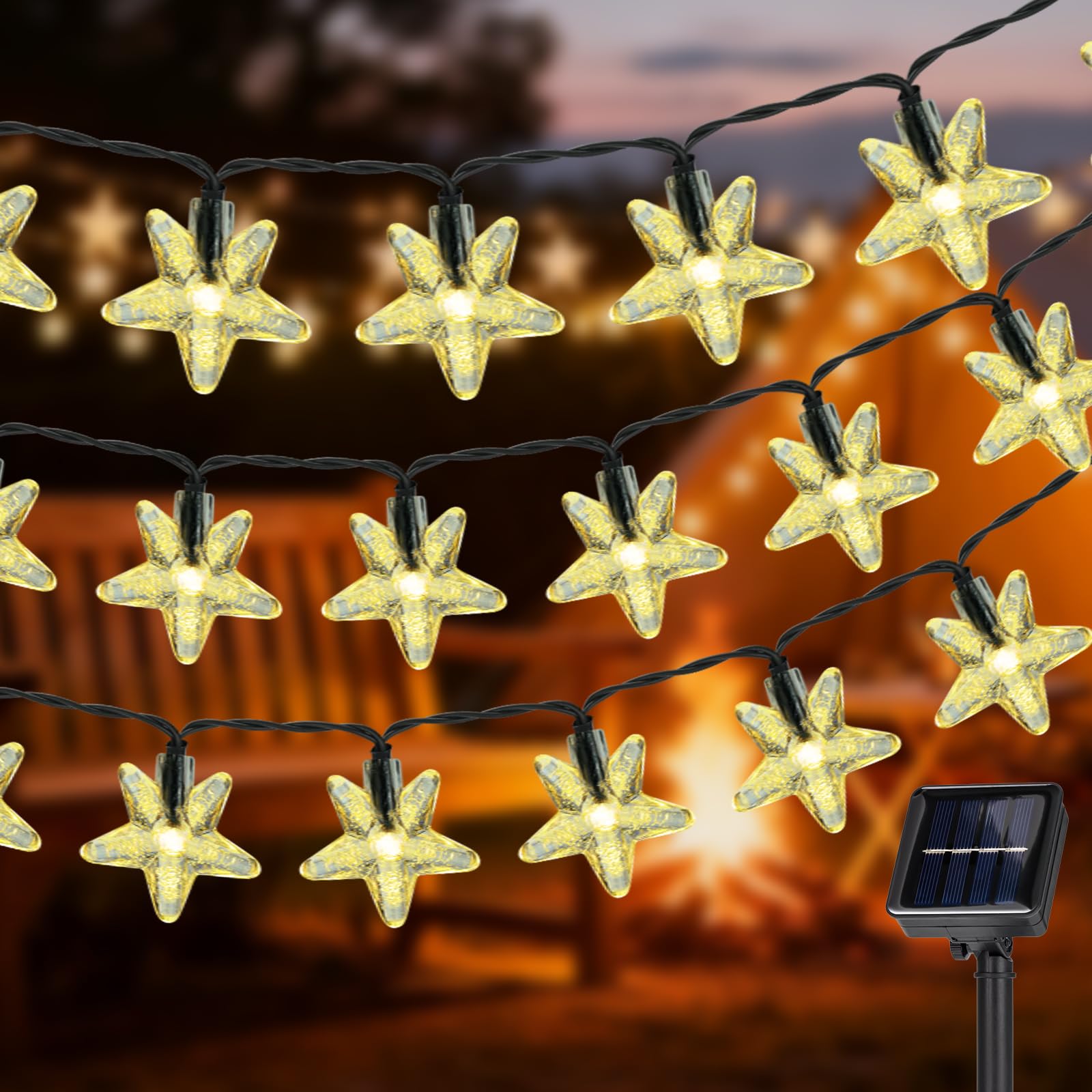 Qeelin Solar String Lights Outdoor, 12M/38FT 100 LED Crystal Globe Solar Christmas String Lights, IP65 Waterproof, 8 Lighting Modes Patio Hanging Lights for Garden, Camping (Star 12M100LED)