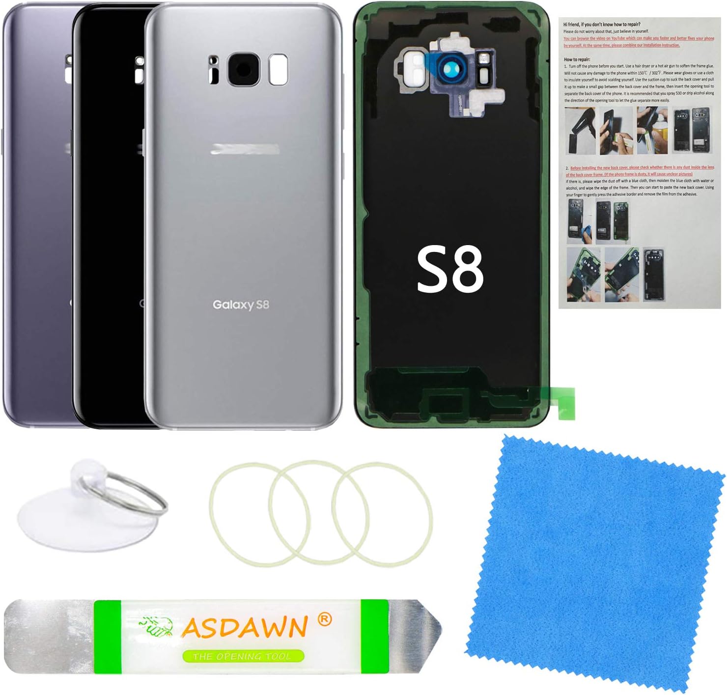 Galaxy S8 Replacement Back Glass Panel Case with Installation Manual + Pre-Installed Camera Lens + Repair Tool Kit for Samsung Galaxy S8 SM-G950 All Carriers (Arctic Silver)