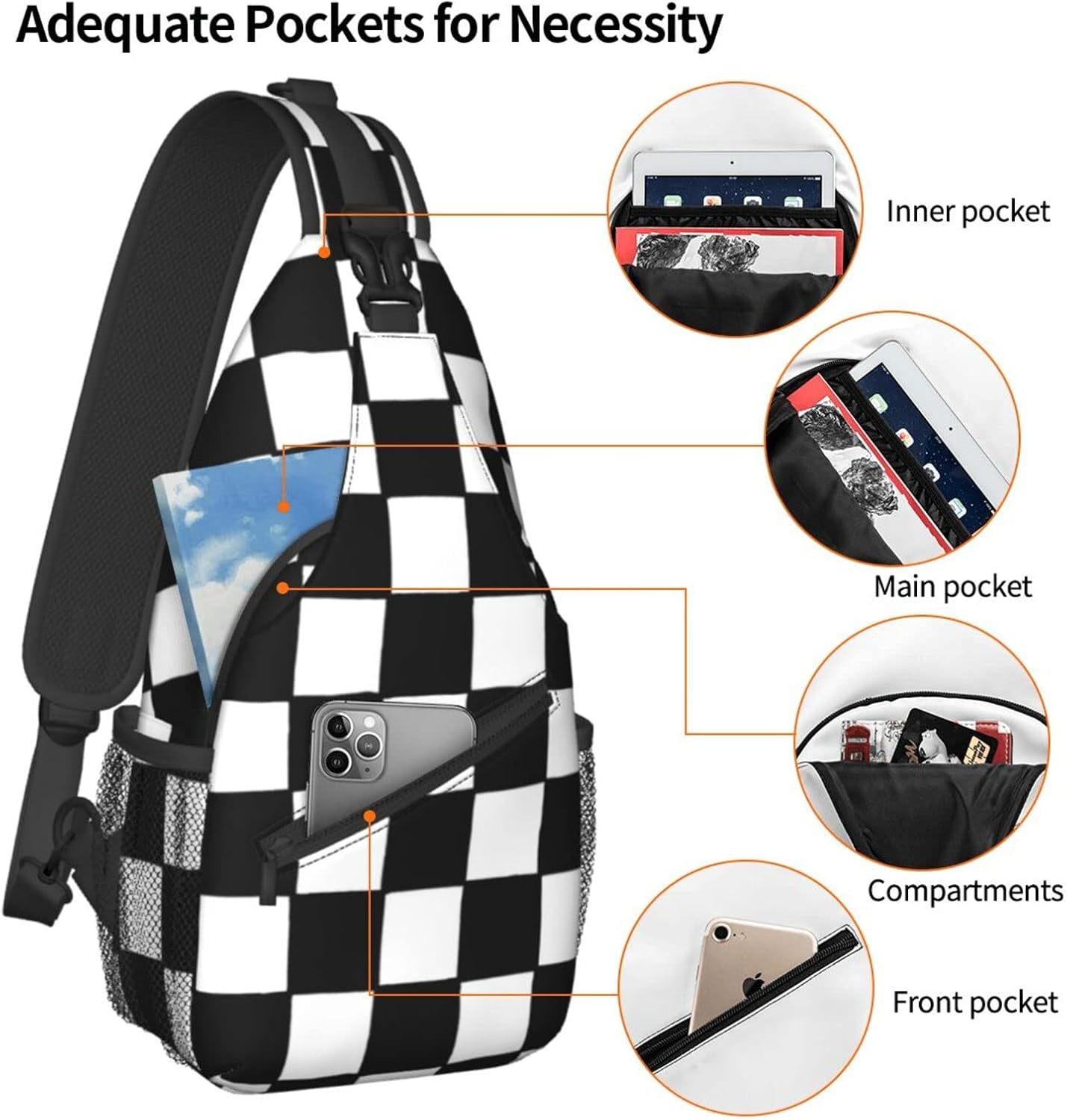 Checkered Black White Sling Backpack Crossbody Shoulder Bag Travel Hiking Daypack Gifts - Image 5
