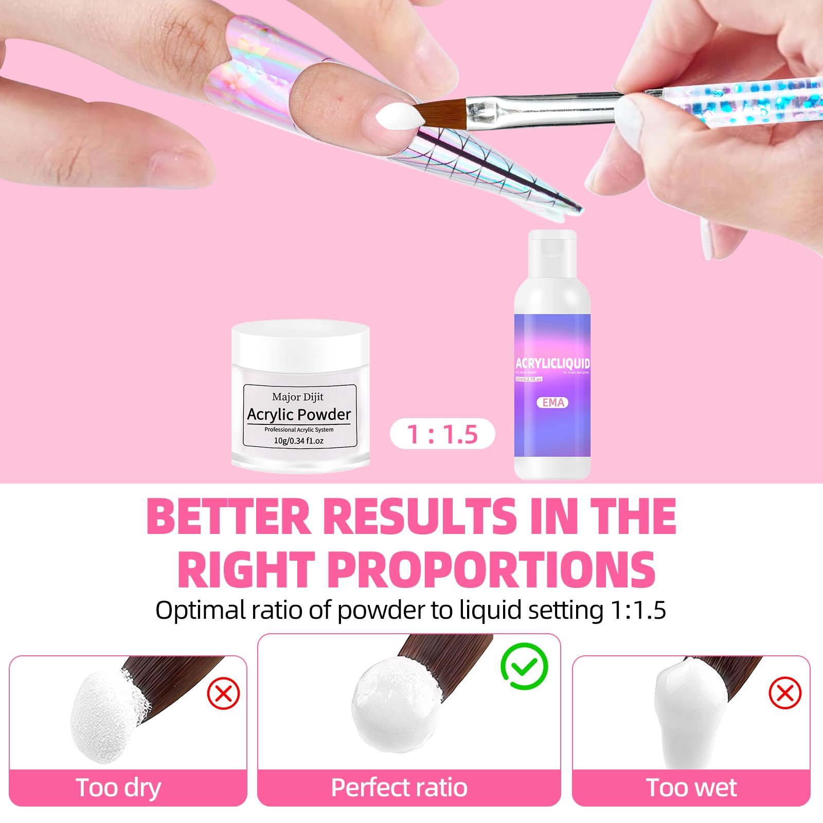 Major Dijit Acryl Nagel Set Komplett-Set mit LED Lampe & Elektro-Feile – 12 Farben Pulver+Monomer, Base-/Topcoat, Tips/Glitzer/Charms | All-inclusive Anfänger-Set mit Zubehör