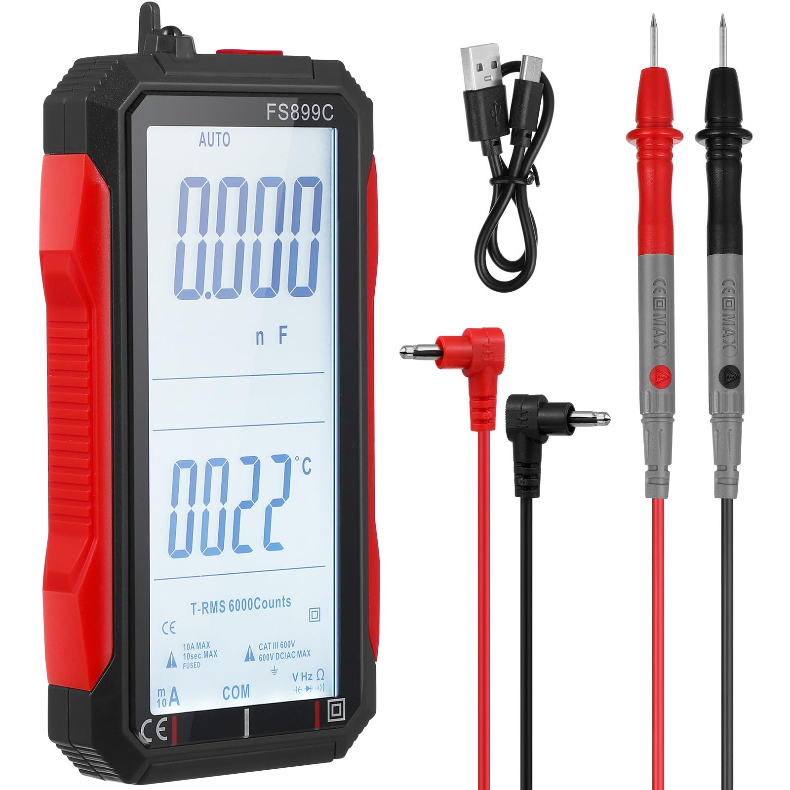 Toddmomy Multímetro Digital Automático Pantalla Grande, Medición Multifuncional de Amperios y Voltaje, Batería de Litio Recargable por Usb, Carcasa Abs Resistente