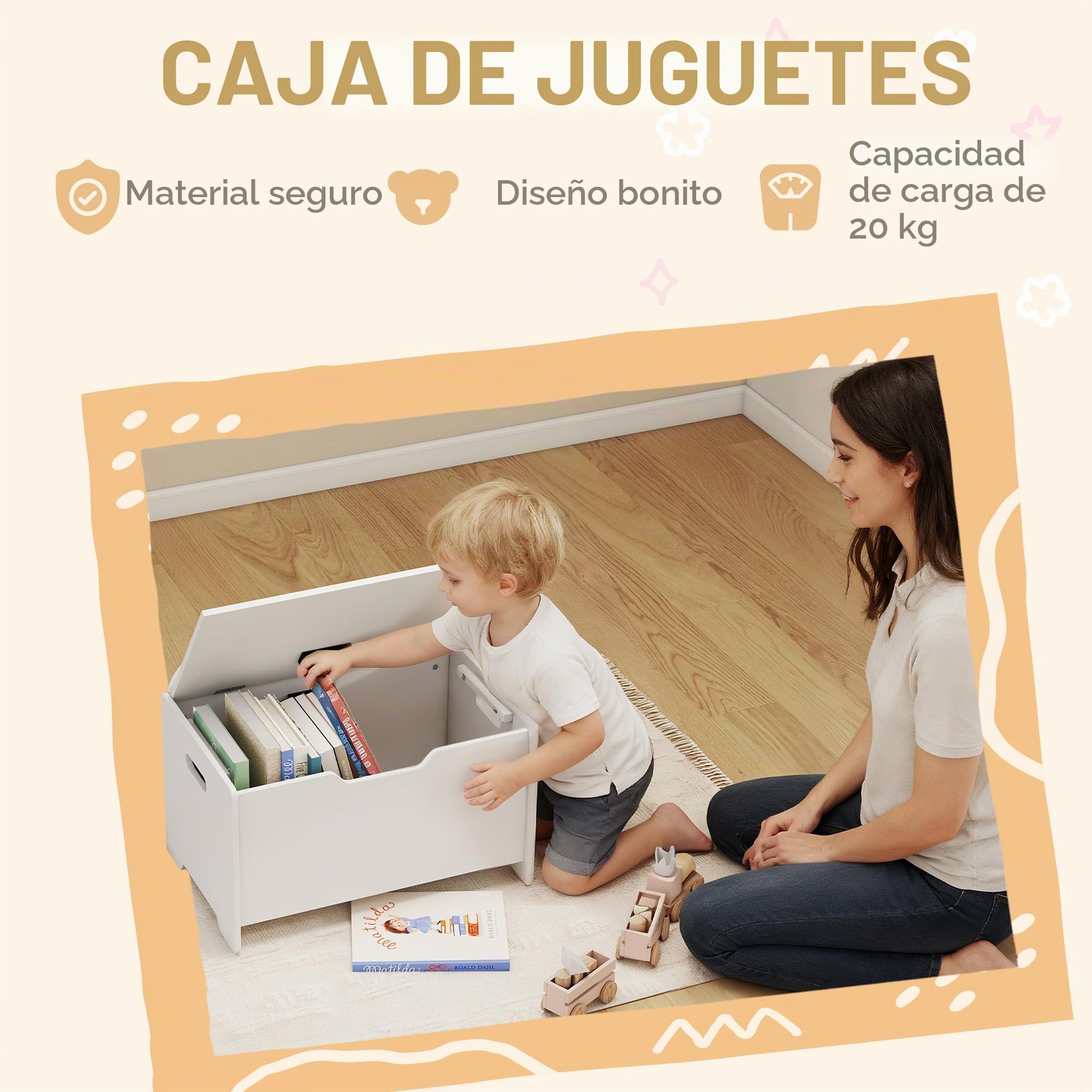 AIYAPLAY Baúl Juguetes con Tapa Abatible 60x38x48cm Blanco