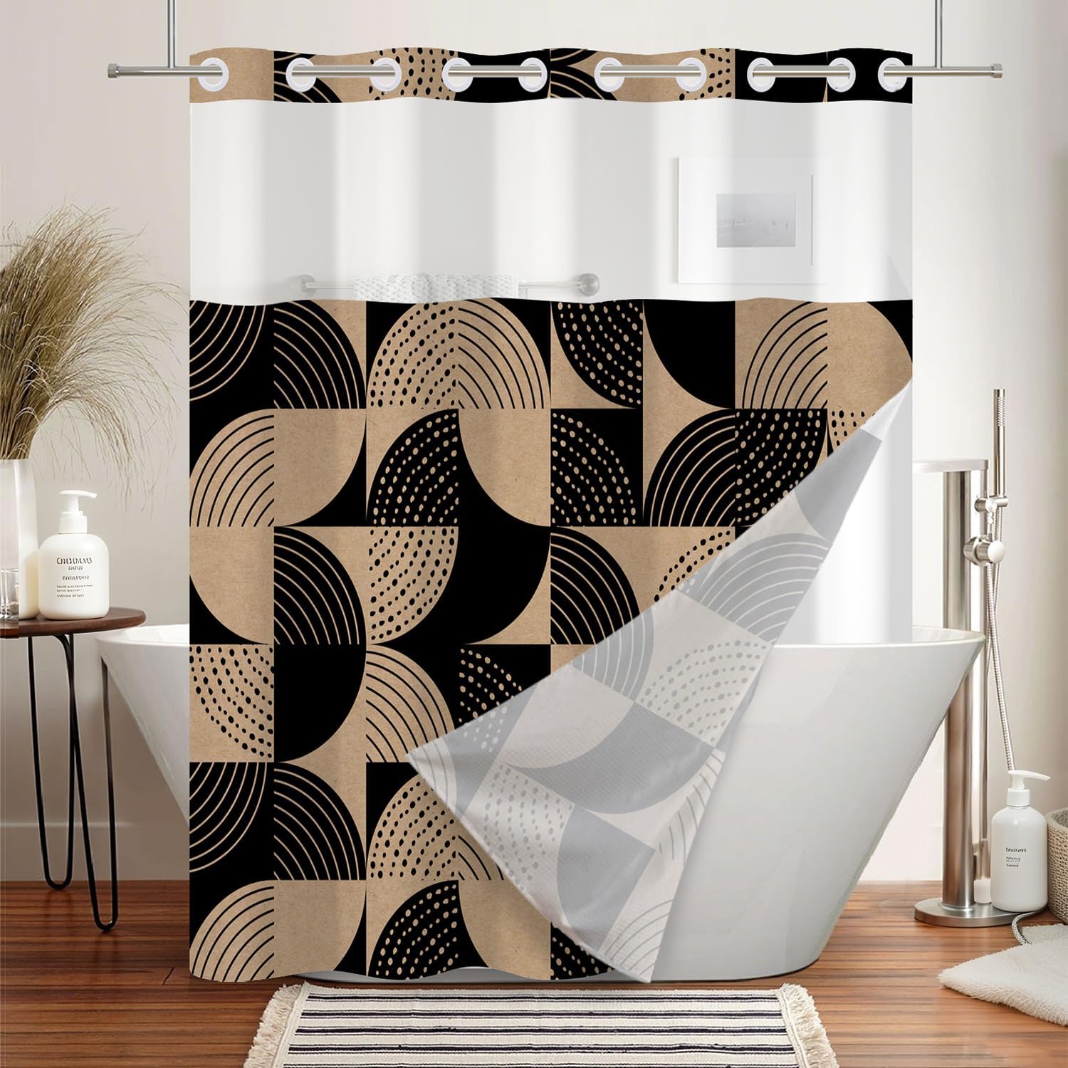 No Hook Abstract Shower Curtain and Liner Set 71 x 74 Inches - Black and Brown Geometric Design, Waterproof Fabric Bath Curtain, Breathable Mesh Top for Modern Retro Bathroom Decor