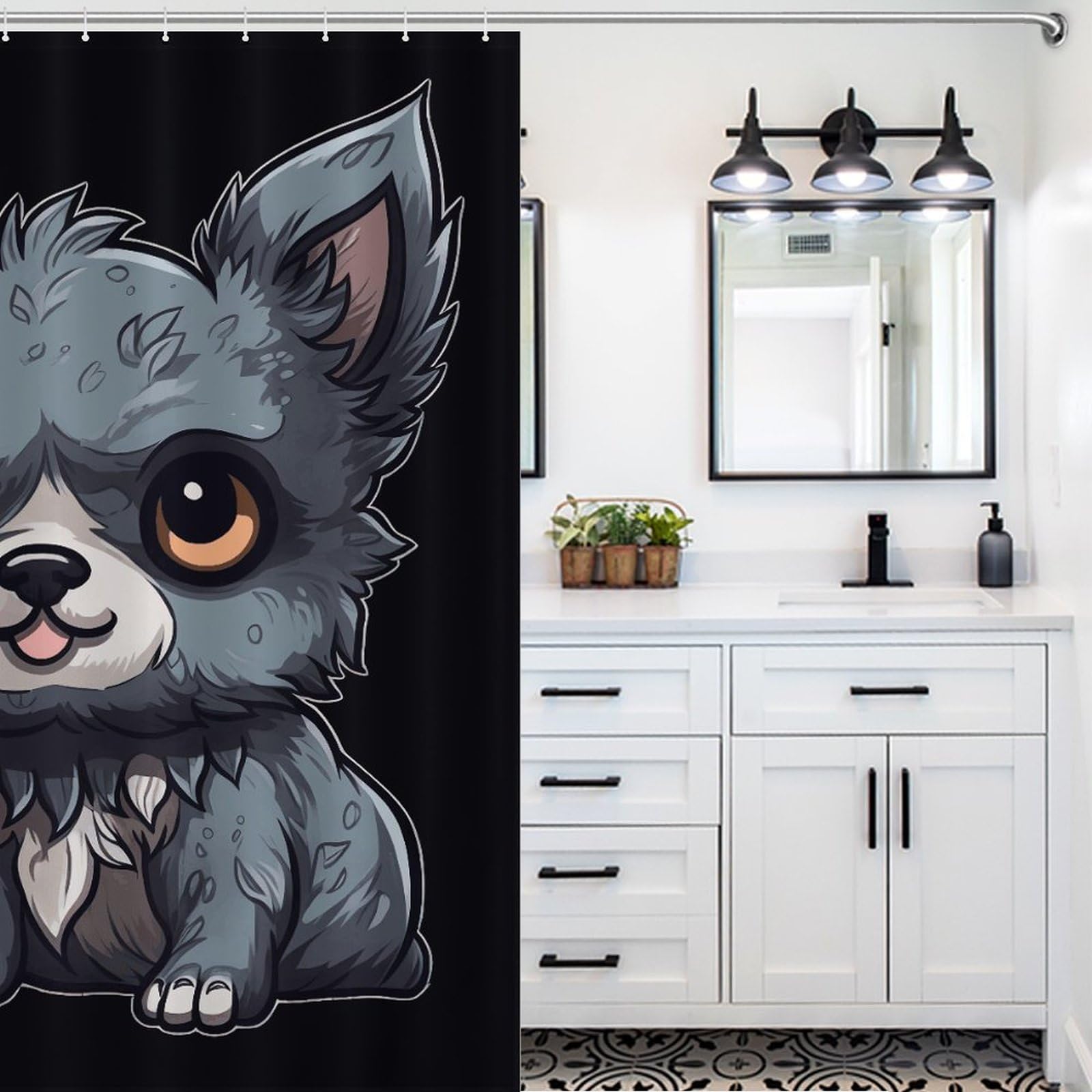 Rideau de douche chien poil gris pour créer une ambiance chaleureuse et ludique