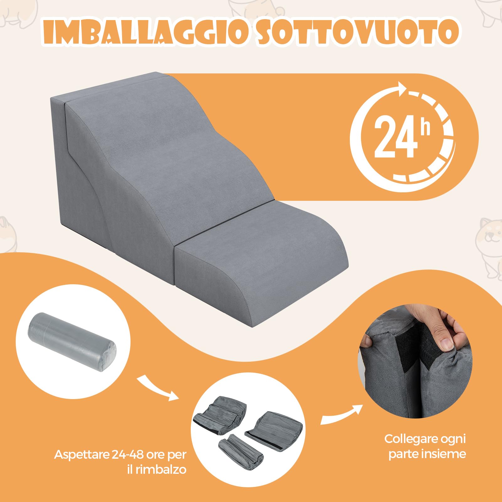 COSTWAY Scale per Cani in Schiuma a 3 Livelli, Rampe Scale per Animali 2 in 1 per Letti e Divani, Gradini per Animali Infortunati e Anziani con Base Antiscivolo, Copertura Lavabile e Rullo Adesivo