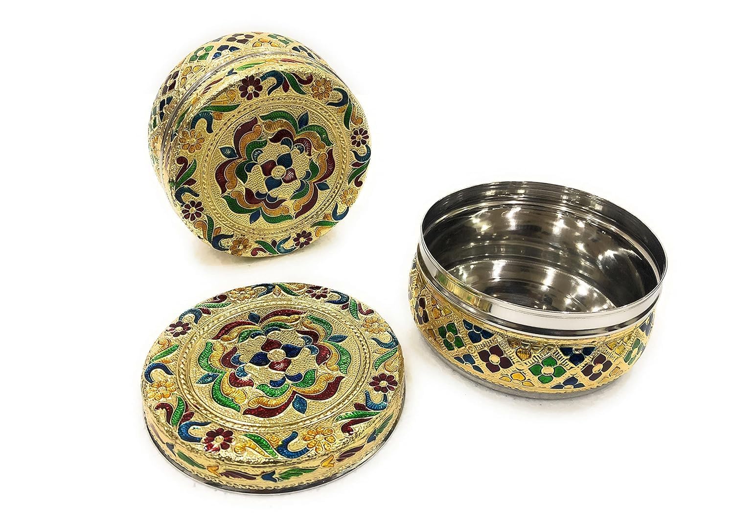 Sgr Handicrafts Stainless Steel Dabba Container Meenakari Rajwadi Decorative Oxidized Metal for Serving Dryfruit Chocolate Mukwas Festival Marriage Return Gift (Pack of 2, 4.5 inch)-image-33