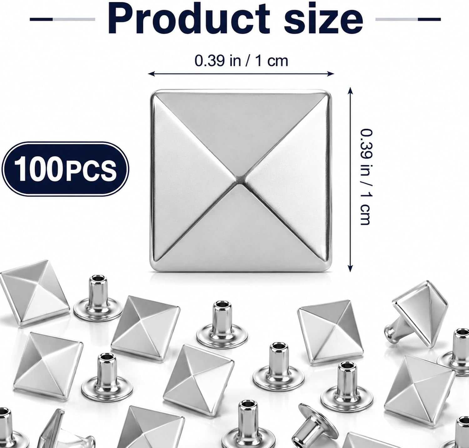 100PCS Square Pyramid Studs, 10mm/0.39 Inch Copper Flat Back Square Pyramid Rivets, Metal Nail Head Rivet for DIY Accessories, Clothing, Bag, Leather, Shoes, Jewelry, Craft, Belt, Dog Collar (Silver)