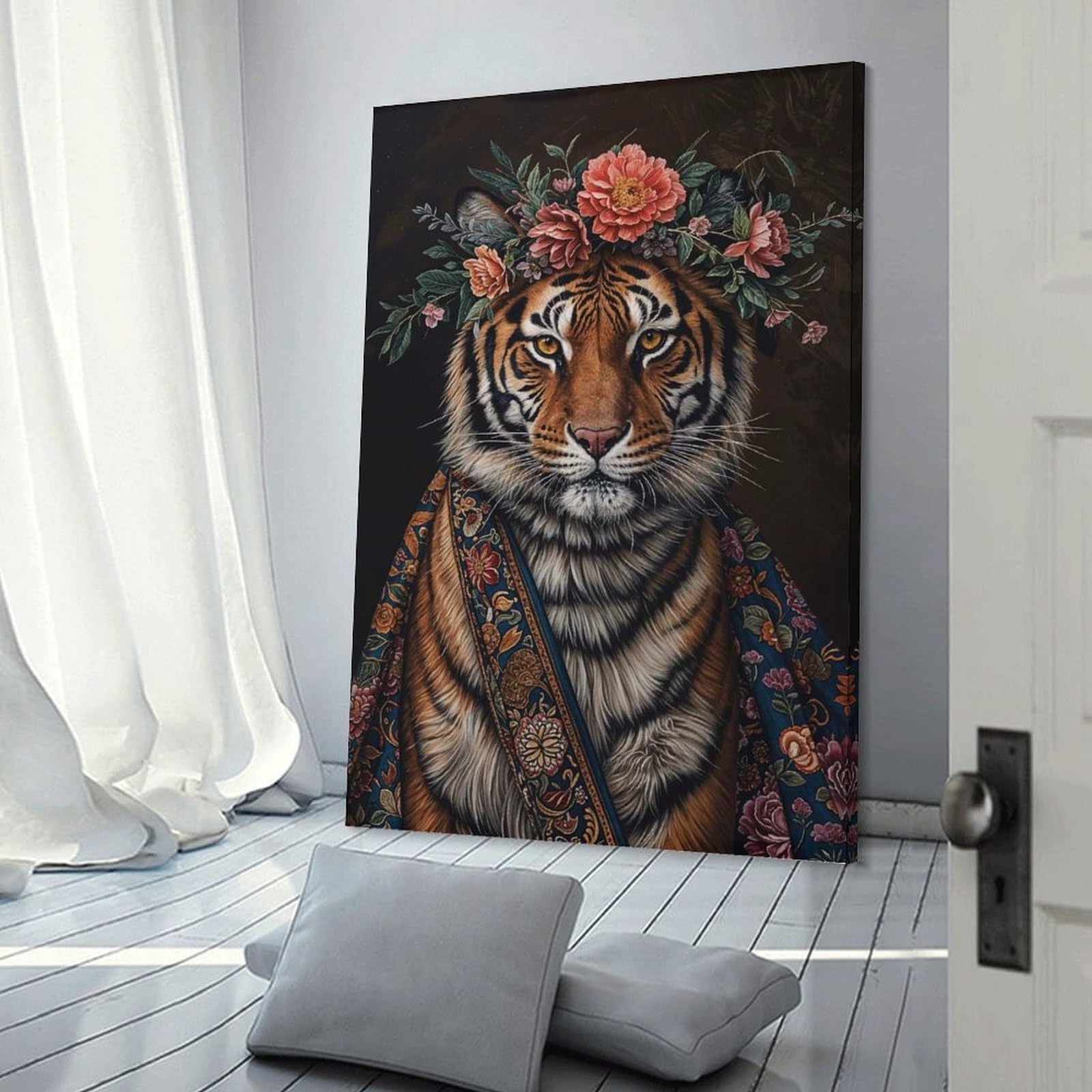 Junmoney Tiger with Flowers Room Decor Wall Art 24x36inch(60x90cm), for Bedroom Decor, Cosy Corners Or Studios, A Warm Accent for Relaxed Interiors