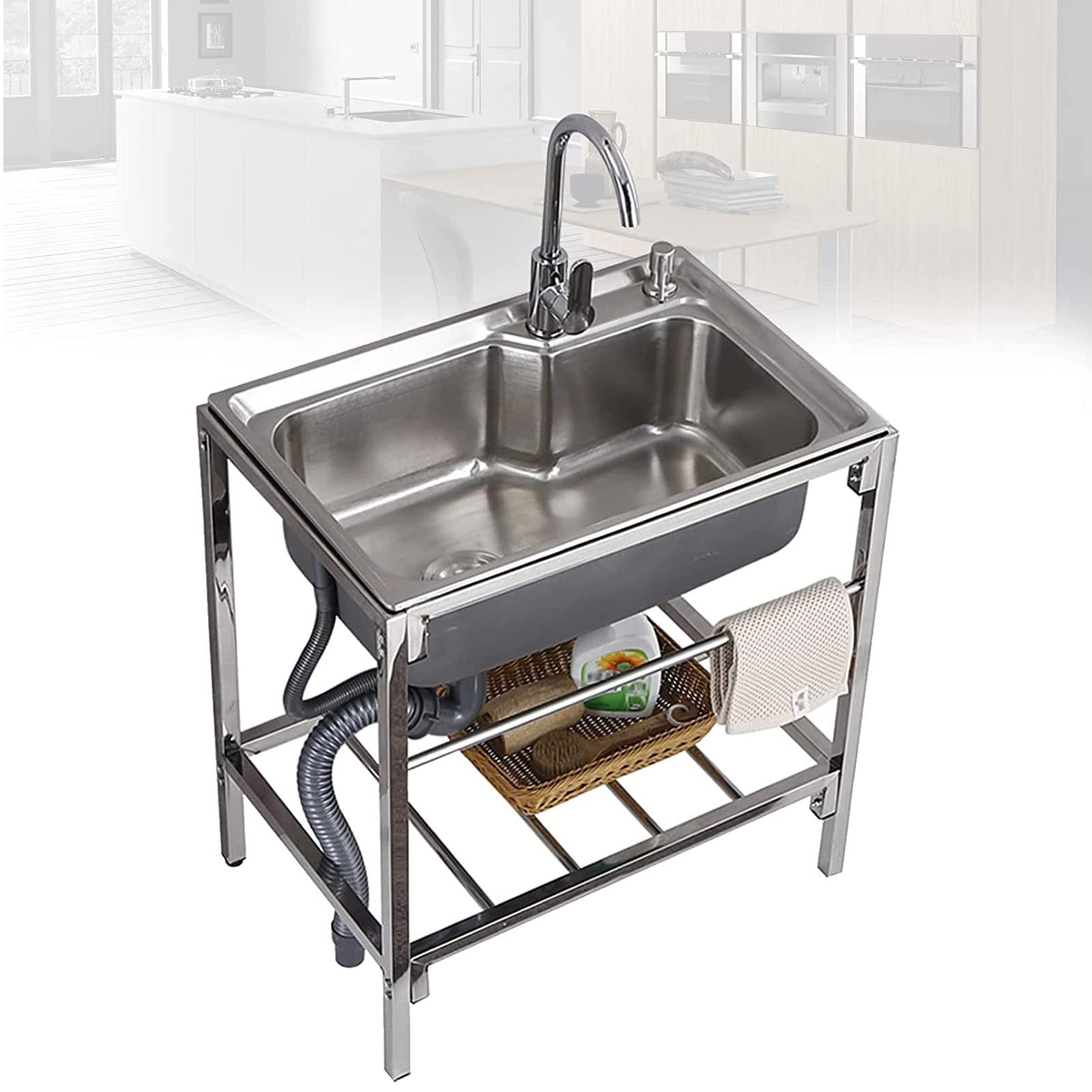 Single Bowl Utility Sink, Stainless Steel Commercial Kitchen Portable Hand Washing Station with Faucet and Drainboard Outdoor Camping Sink for Laundry Backyard Garage Camping