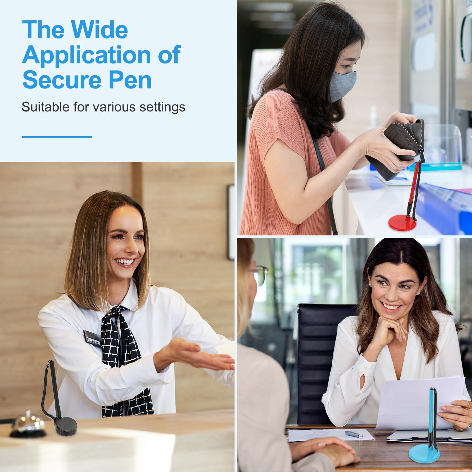 PATIKIL 12 Stück sichere Stifte mit Klebebandkette & Sicherheitsstifthalter, Empfangstresenstifte Schreibtischstift Nachfüllungen mit schwarz Tinte für Büro Zuhause, Flache Basis, Orange