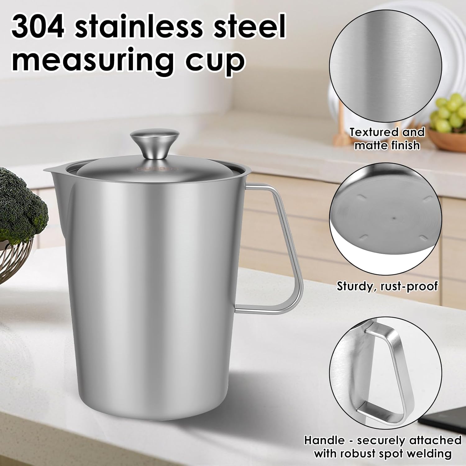 2 L / 70 oz Large Stainless Steel Measuring Cup with Lid, 8 Cup Metal Measuring Cups with Handle, Precision Markings Stainless Steel Pitcher for Espresso Machine, Latte Art, Hot/cold Water