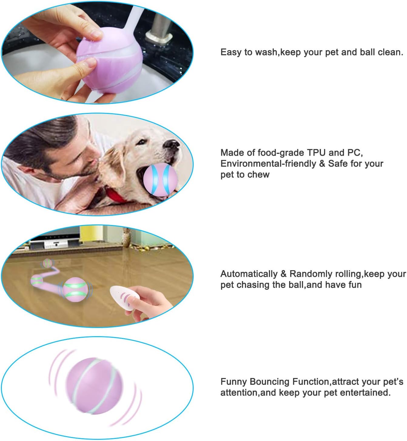 USB Rechargeable Smart Interactive Pet Toy Bounce Ball for Dog Cat,Built-in 1000mAh Battery,RGB Flashing LED Lights,360 Degree Auto Rolling/Turn Off,Washable Durable TPU Roller Wicked Toys (Pink)