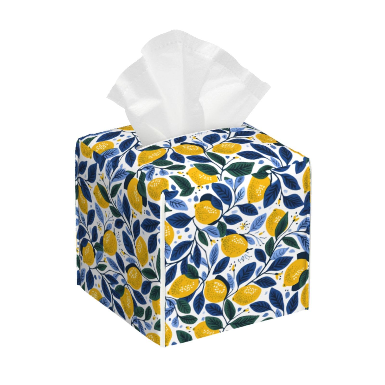 Tissue Box Cover Summer Lemon Leaves Square PU Leather Tissue Box Holder for Car Bathroom Bedroom Desk Tabletop Decor