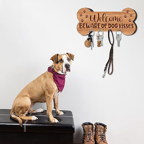Miniatura 3 de Llavero de madera con 4 ganchos  Welcome Beware of Dog Kisses Organizador decorativo de llaves para pared  Casa Oficina Cocina Pasillo Entrada