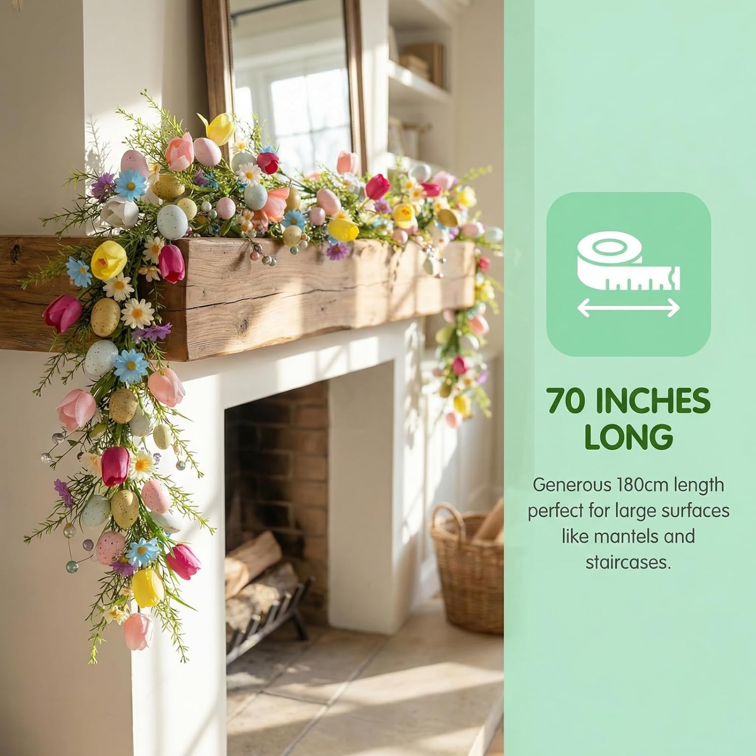 Easter Garland with Eggs, 6FT Spring Garland with Colorful Pastel Tulips, Daisy, Berries & Green Leaves, Artificial Easter & Spring Decorstions for Mantle,Fireplace, Doorway, Table, Home