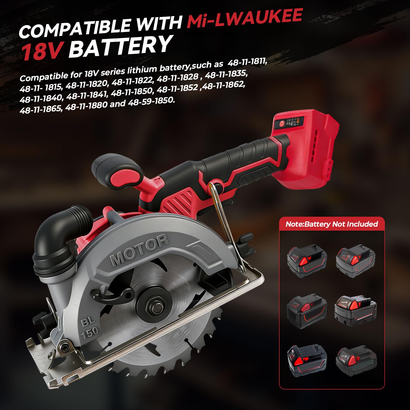 Sega circolare senza fili da 15 cm, compatibile con Milwaukee M18, 6200 giri/min con 2 lame 150 mm, profondità di taglio 50 mm, smussatura 0-45° per taglio di legno, plastica, piastrelle (rosso per