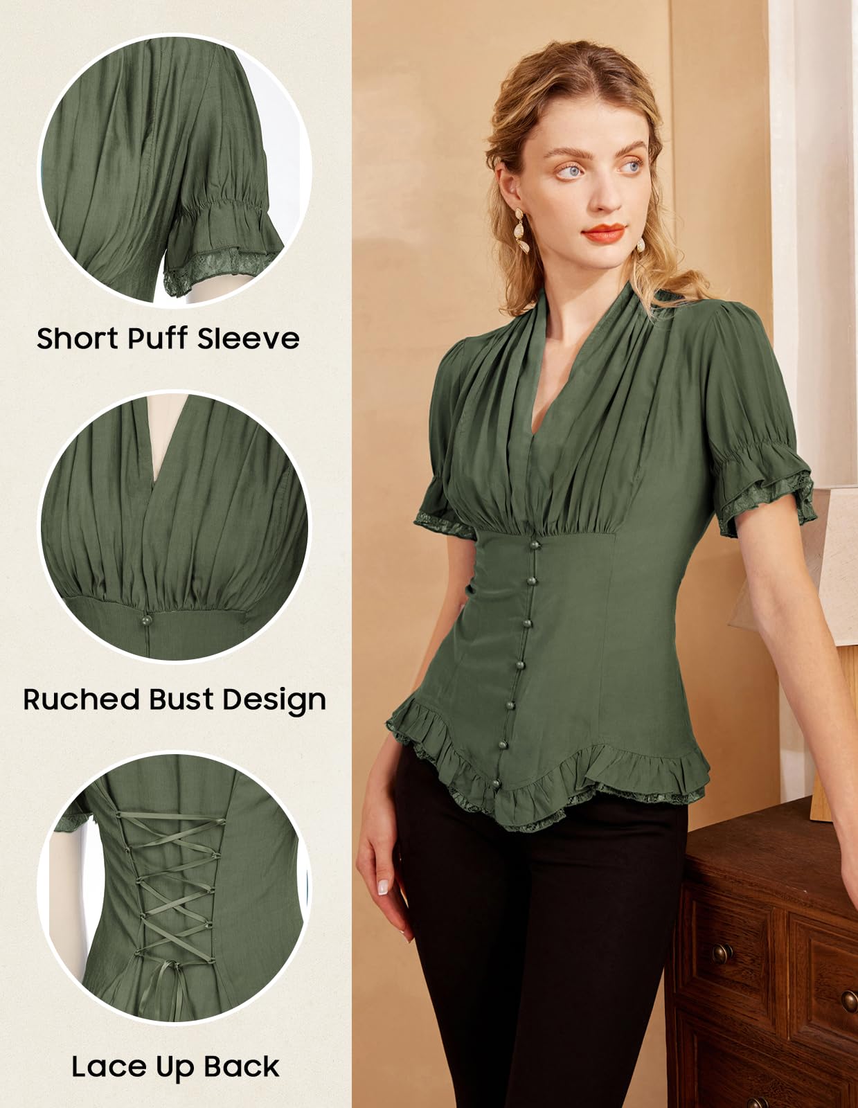 SCARLET DARKNESS Donna Camicia Vittoriana Gotico Camicetta in Pizzo Scollo a V Renaissance Tops | Maniche corte con volant, scollo a V, allacciatura sulla schiena