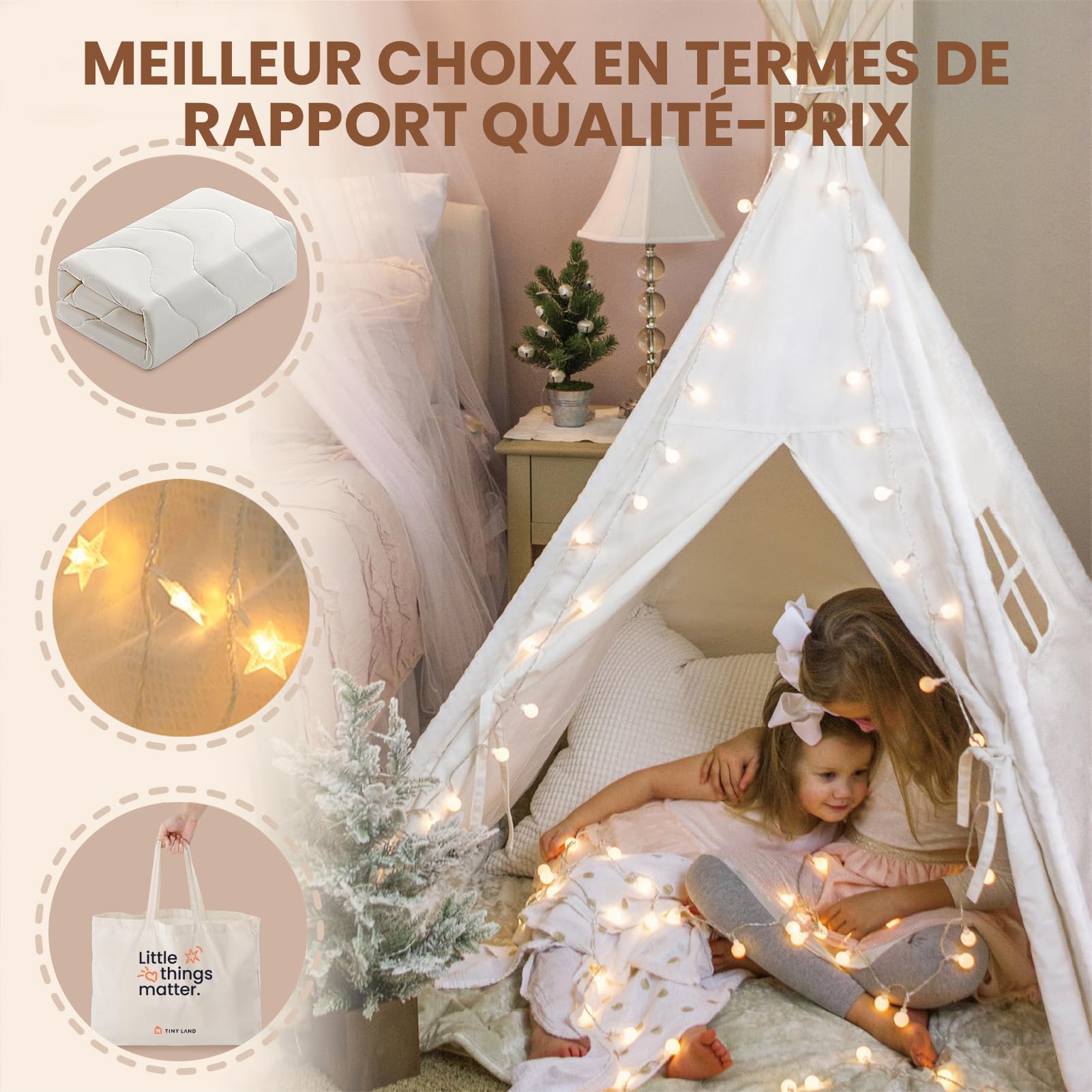Tiny Land Tipi Enfant Intérieur avec Tapis & Guirlande Lumineuse - Cabane Enfant en Toile pour Chambre Bébé Fille & Garçon, Tente de Jeux Pliable Intérieur/Extérieur, Déco Maison & Cadeau 3 Ans+