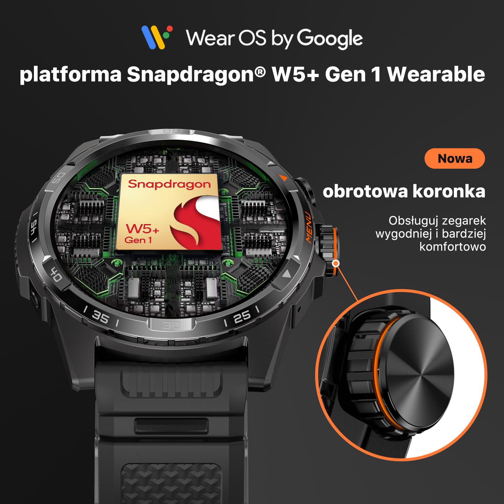 TicWatch Atlas Smartwatch dla mężczyzn Android Wear OS Smart Watch Outdoor Bateria 90 godzin 110+ trybów ćwiczeń Mapa cieplna Wykrywanie upadków Monitor zdrowia i kondycji 5ATM GPS Kompas (Czarny)