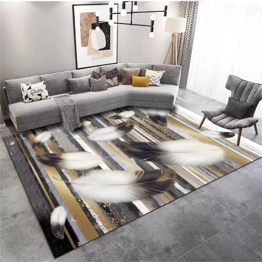 Tapis salon grande taille gris 180x250cm avec motif plumes modernes