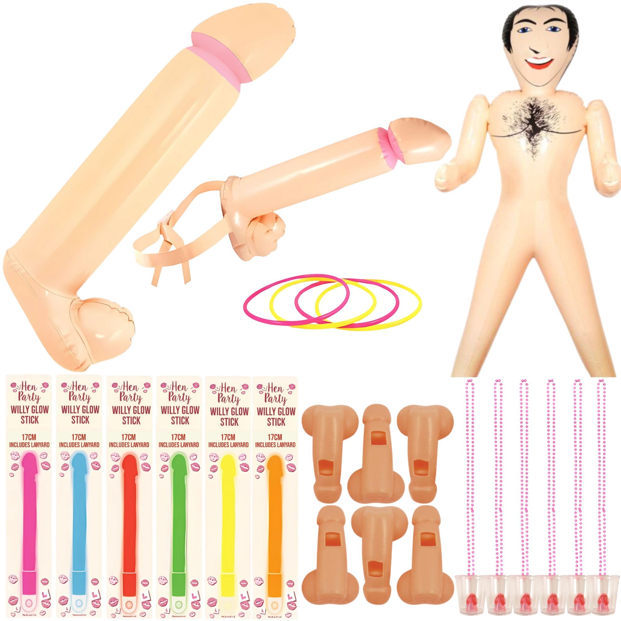 Hen Party Accessories Bundle – Inflatable Man 150cm, 6 Willy Glow Sticks, 6 Whistles, 6 Shot Glasses, Hoop Game & Inflatable Willy – Funny Hen Do Decorations & Bride To Be Party Decorations