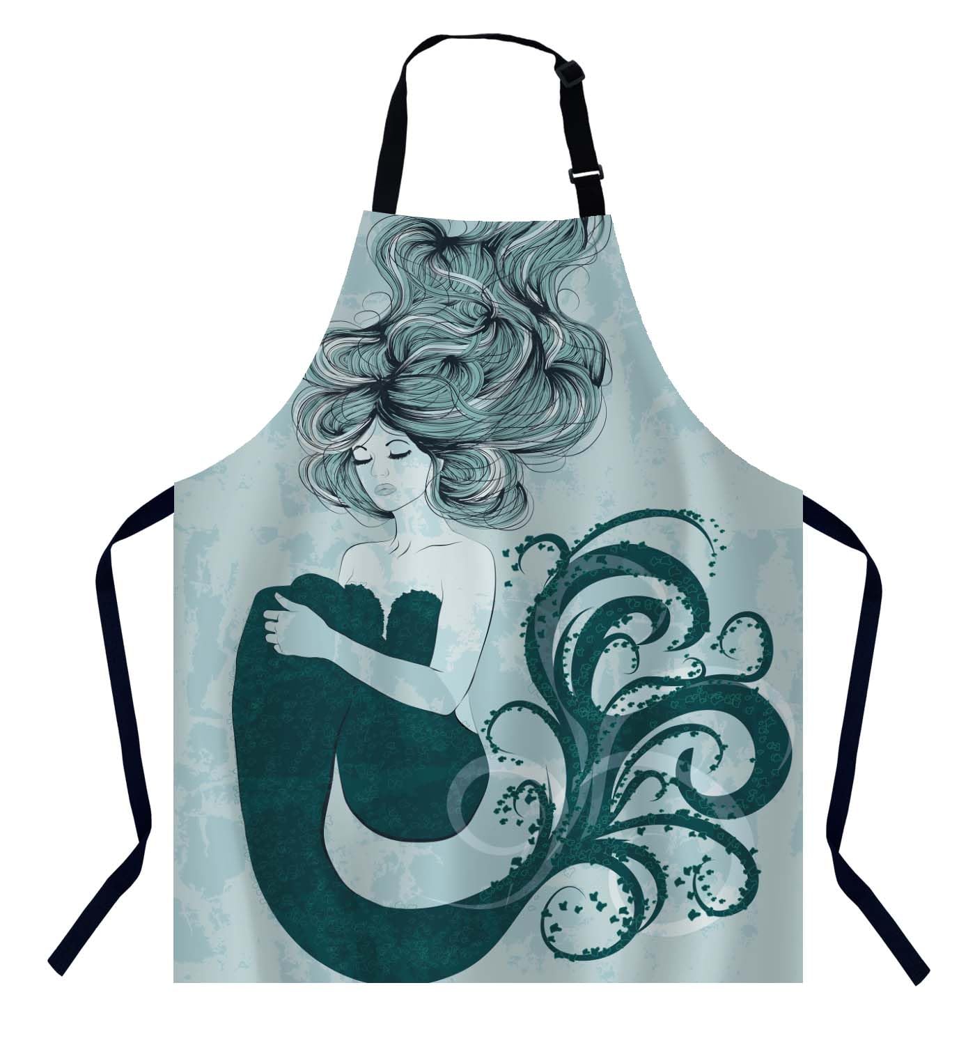 Bgbdeia Women's Beautiful Mermaid Kitchen Apron For Men, Adjustable Apron Chef Bakers Apron Cooking Apron Cooking Baking Gardening