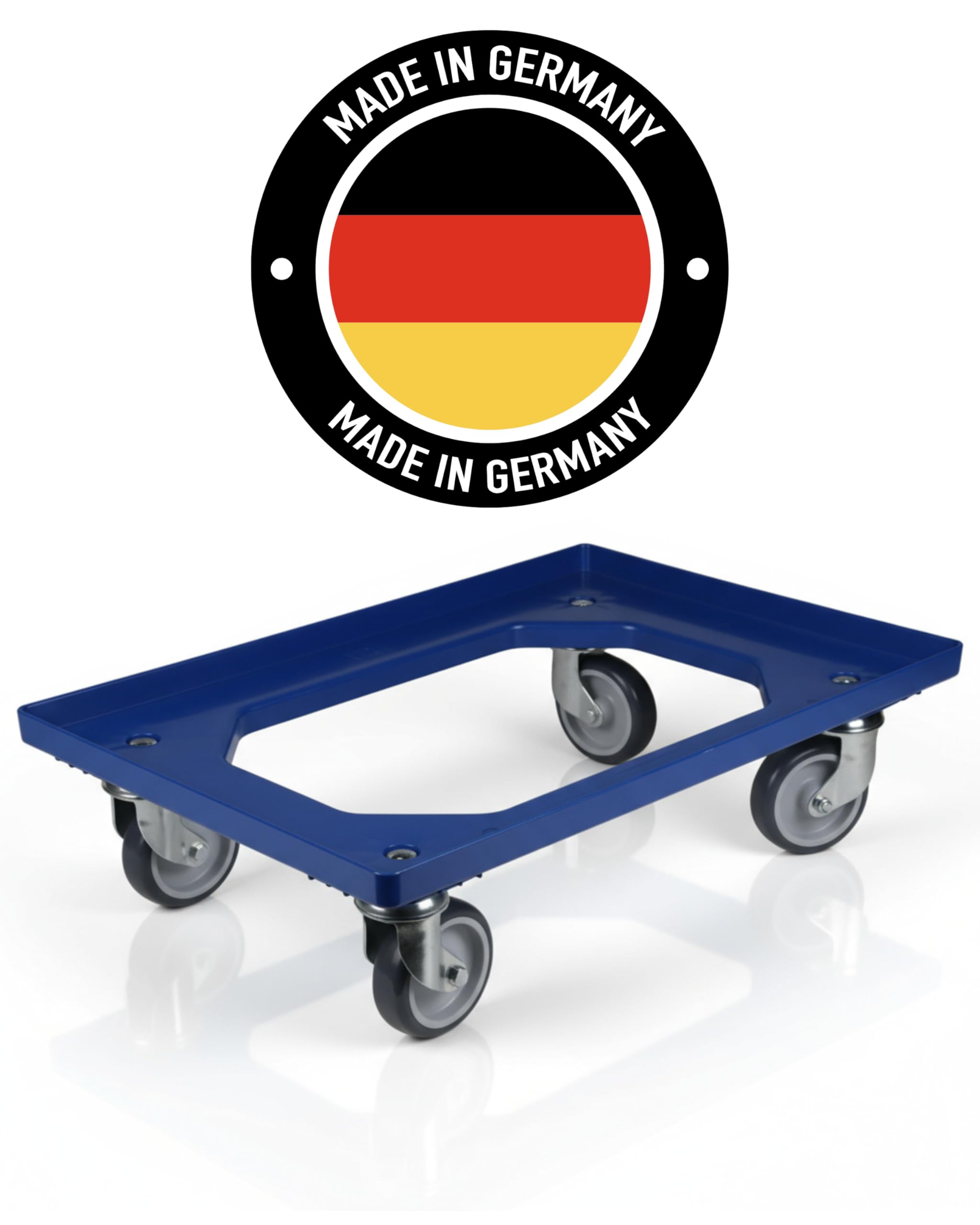 Transportroller Kunststoff 60x40 cm Blau – 4 Leichtlauf-Lenkrollen Ø100 mm, Traglast 250 kg – wendige, stabile Transporthilfe für Kisten & Euroboxen