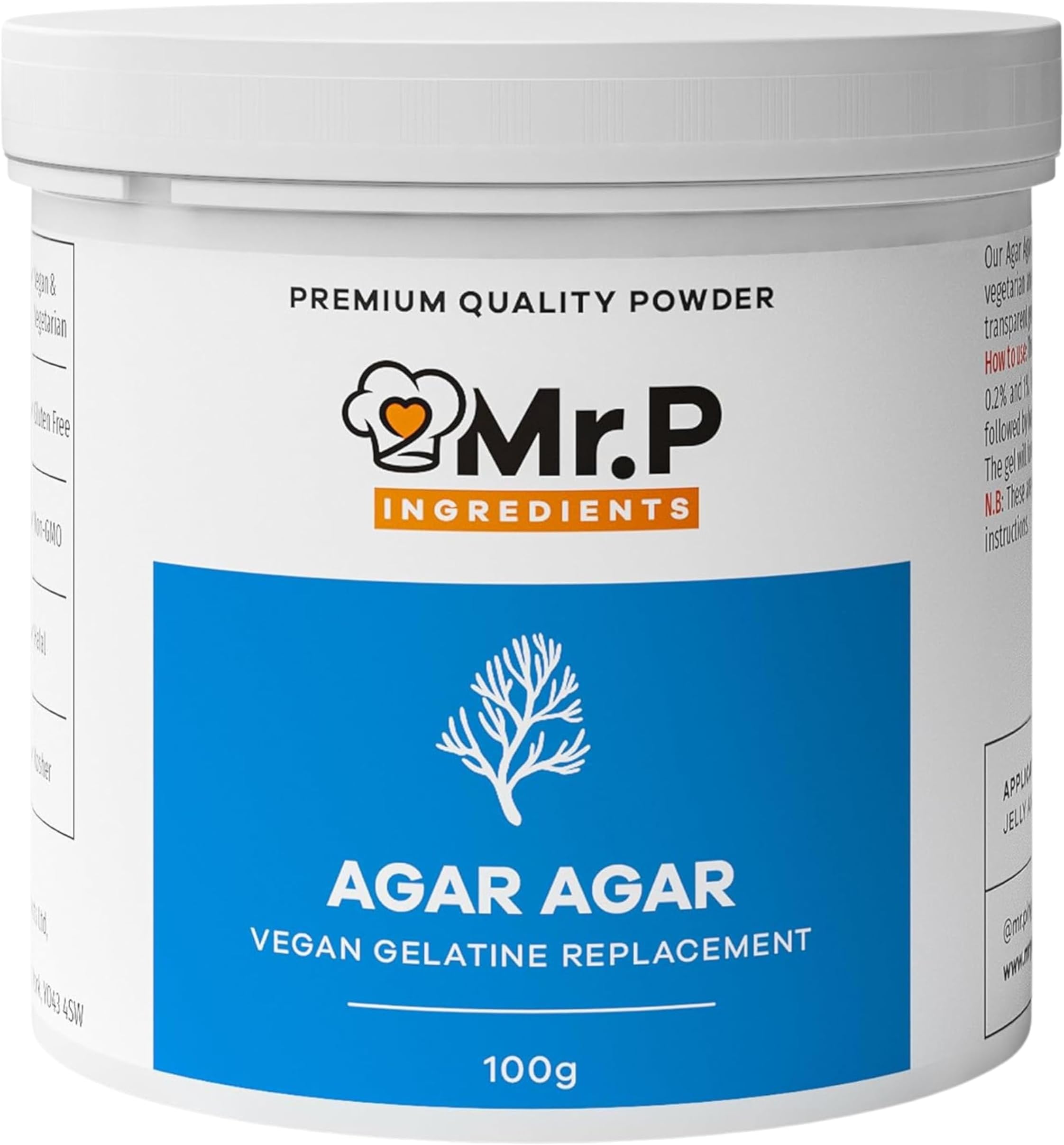 Mr.P Ingredients Agar Agar 100g Powder Vegan Gelatine Replacement Ideal for Jelly Mousse Molecular Gastronomy Gelling Agent Vegan Vegetarian Halal Kosher Non-GMO (Recyclable Pot)