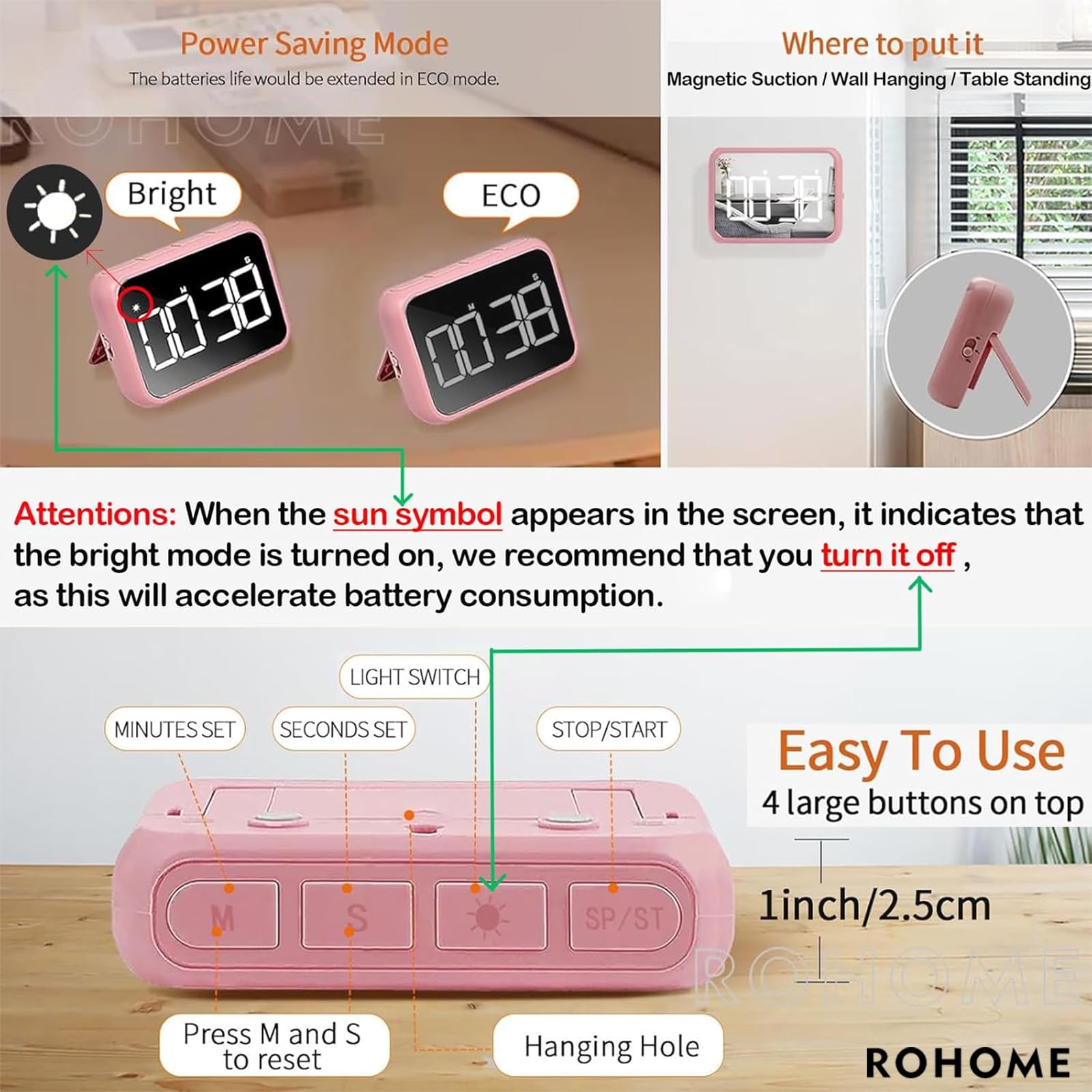 Cronómetro Digital de Pantalla Grande con Temporizador Visual para Cocina, Profesor, Escuela, Aula, Cocina, Cuenta Regresiva de 99 Minutos, magnético, Espejo de Maquillaje, LED, fácil para niños