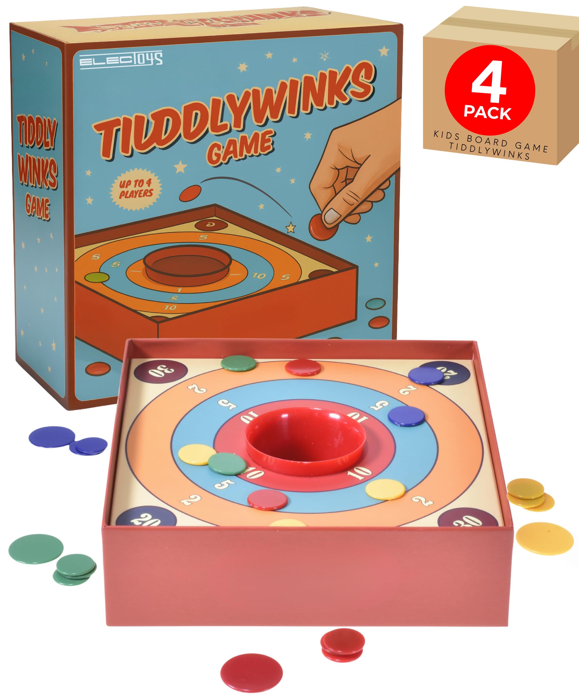 Tiddlywinks Traditional Tabletop Flicking Game Family Board Retro Indoor Skill Set Classic Rules Colourful Discs Central Bowl Competitive Fun for Kids & Adults Old-Fashioned Party Play 4 Pack Electoys