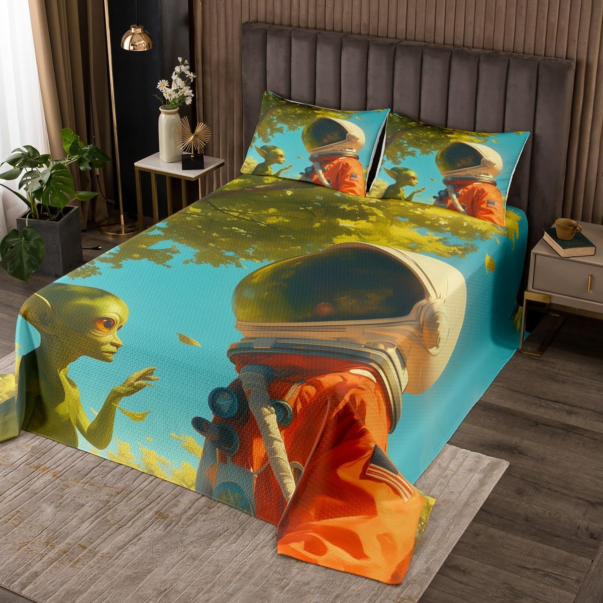 Erosebridal Alien Kids Bedspread Set Space Astronaut Twin Coverlet Set for Boys Teen Room Decor,Outer Space Galaxy Theme Quilt Set Blue Green Bedding Set