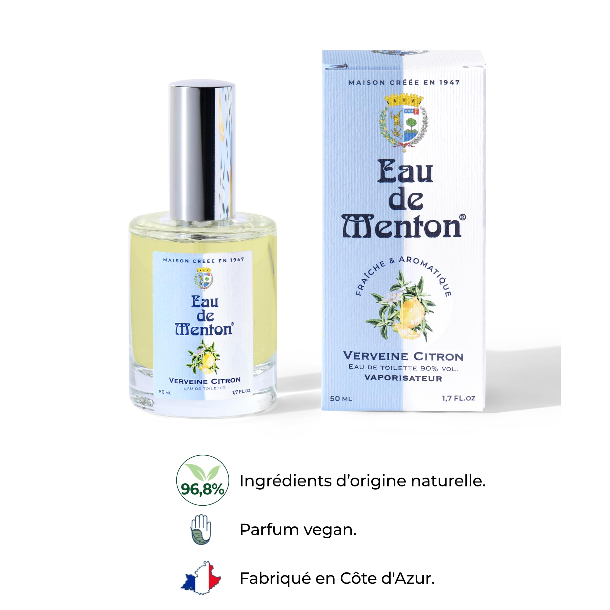 Eau de Menton Verbena-Lemon - Agua de colonia aromática cítrica - Fragancia unisex fresca y natural - Notas de hierbas y cítricos - Perfume artesanal francés - 50.3 ml (50 ml)