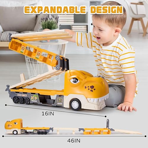 Miniatura 3 de Camión de dinosaurios de juguete para niños de 2, 3, 4, 5, 6, 7 años, pista plegable y modo de carrera de 2 jugadores, transportador de luz y sonido