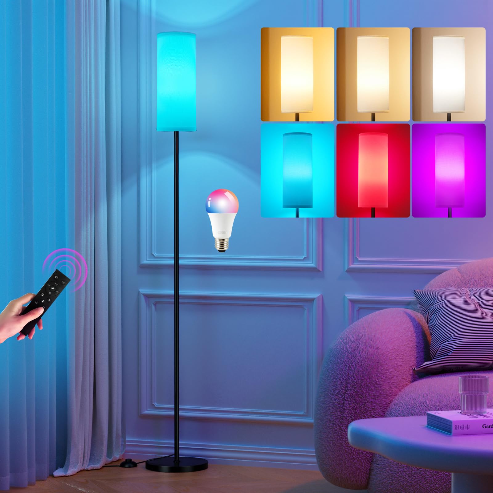 Ambimall 64'' Floor Lamps for Living Room with Remote Control and RGB + Stepless Dimmable Colors Temperature &amp; Brightness, 9W Smart Bulb Included(White Shade &amp; Black Pole)