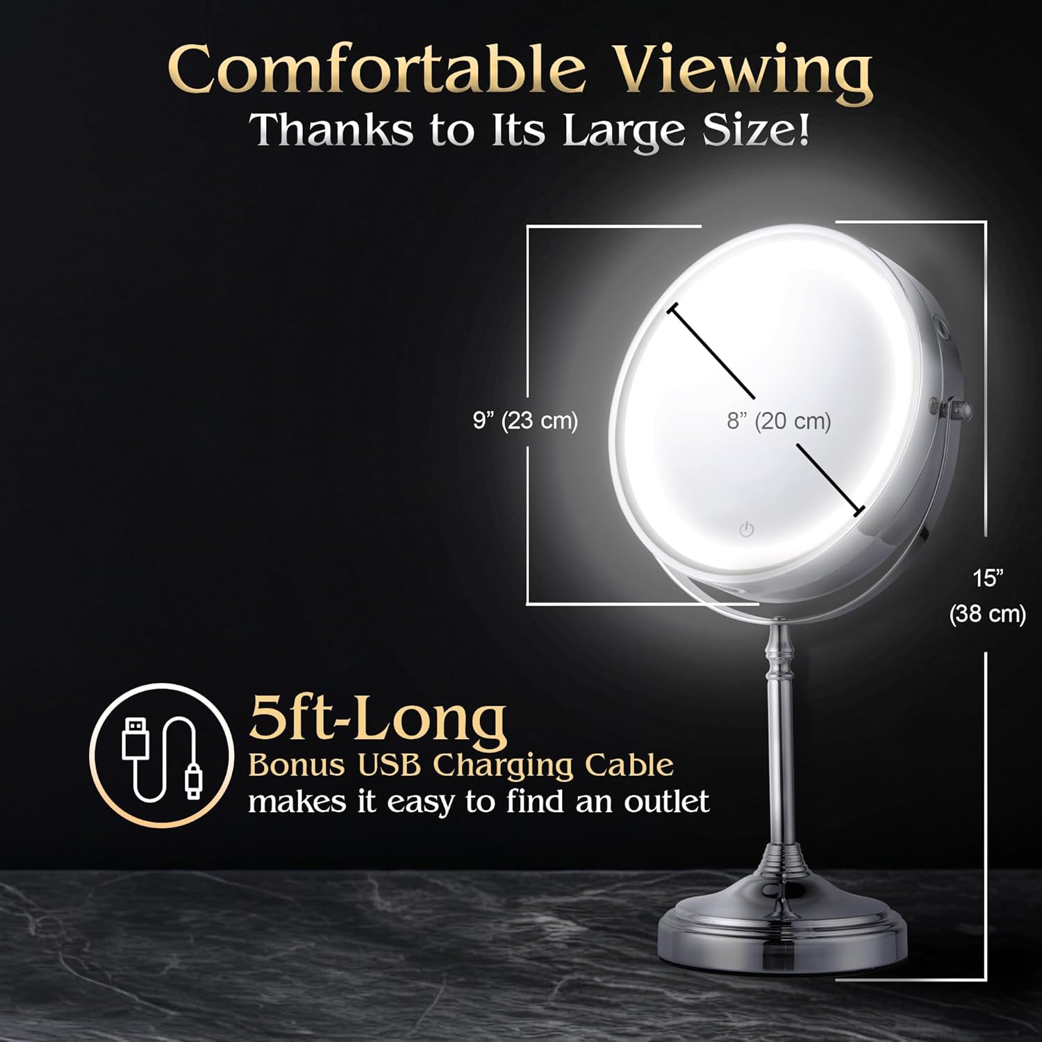 Ultra Zoom 20X Magnifying Lighted Table Mirror for Makeup - 20X & 1X Dual Sided LED Make-up Mirror with 3 Light Modes, Rechargeable Battery with USB Cable - 8" Wide & 15" Tall (Chrome)