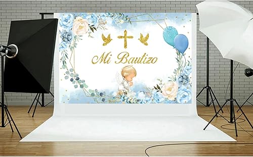 Miniatura 4 de ZARROUEA Telón de fondo Mi Bautizo de 7 x 5 pies, hojas de eucalipto, flores azules, fondo de fotografía de angelito para primera comunión,