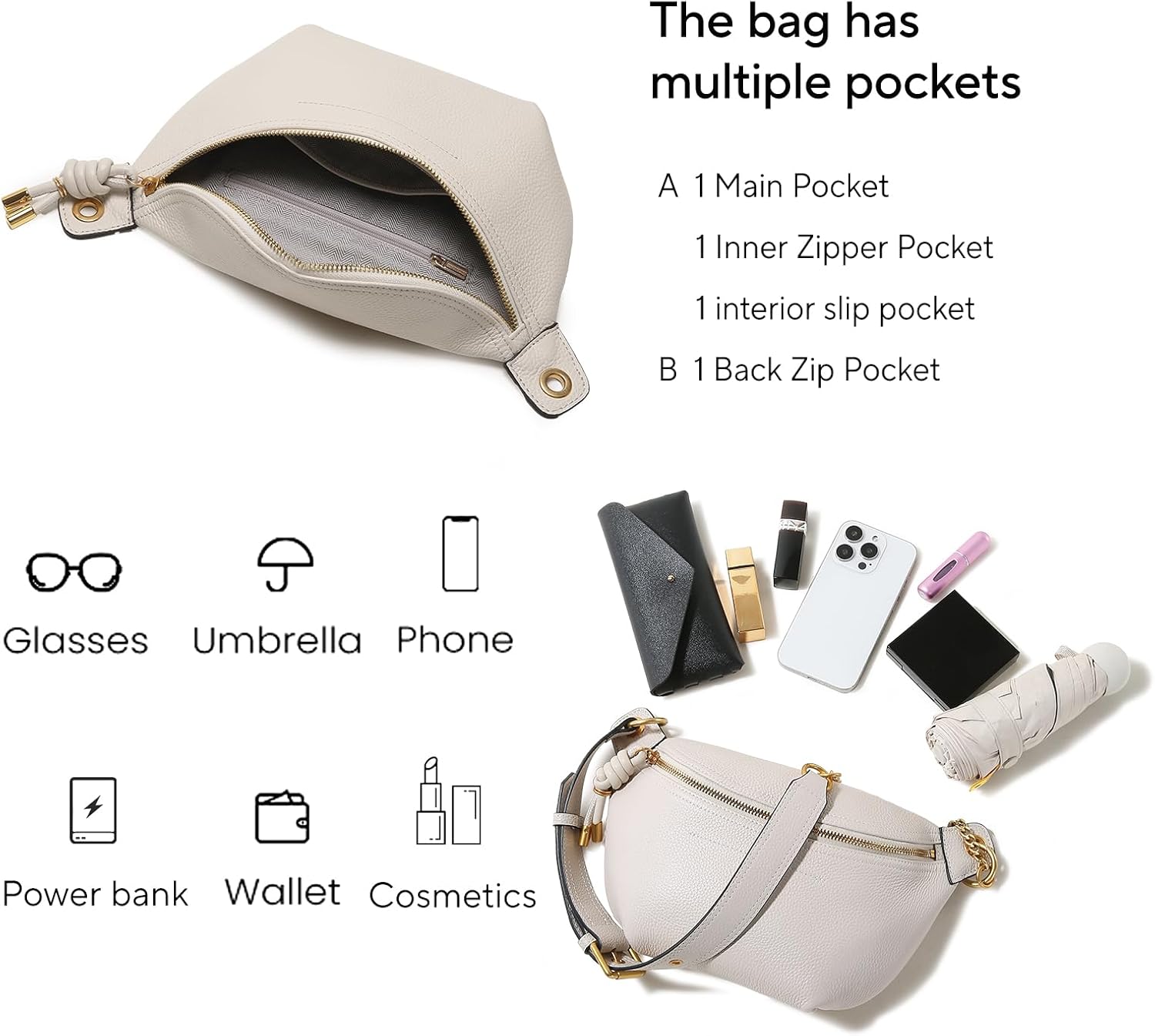 Genuine Leather Waist Packs for Women, Fashion Fanny Pack Belt Bag, Luxury Designer Trendy Crossbody Bag, Festival Bum Bags for Sports Traveling Running With Chain Straps (White) - Image 3