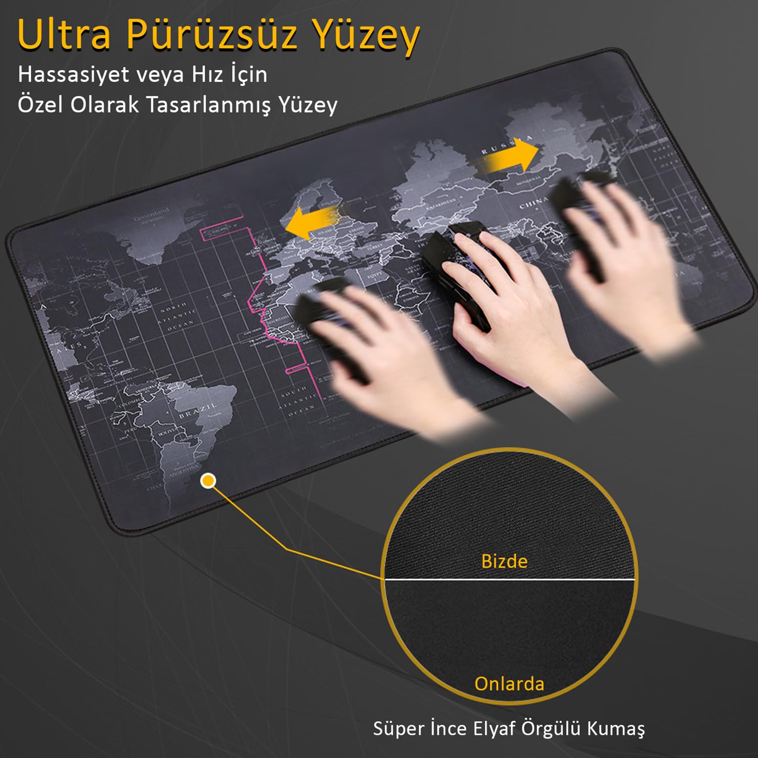 McStorey Dünya Haritası Mouse Pad 60x30 cm, Gaming Masa Pedi 3 mm, Kaymaz Kauçuk Tabanlı Desk Mat, Dikişli Kenar Kumaş Yüzey, Klavye ve Mouse Altlığı, Oyuncu ve Ofis Masası için Siyah