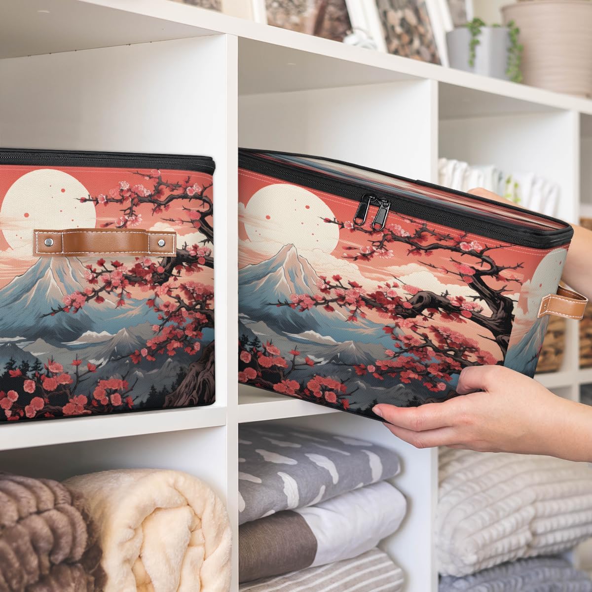 Storage Bin Set of 2 Japanese Mountain Flower Storage Basket with Zipper Lid & Handle Foldable Closet Shelf 2 Pack Cloth Organizer Basket Cube Bins Clothes Organizer for Nursery, Bedroom