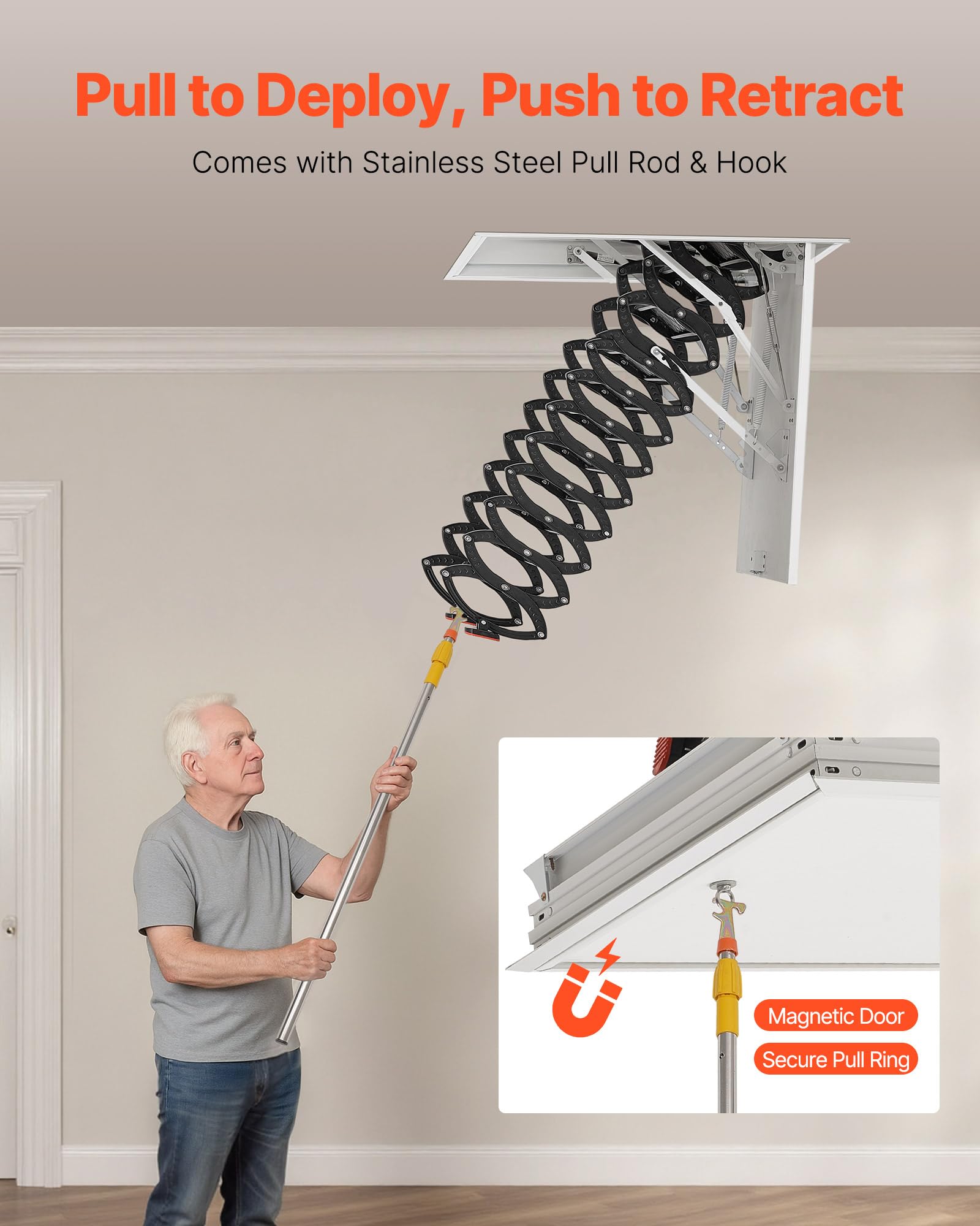 VEVOR Dachbodenleiter, Tragkraft 299,4 kg, passend für Deckenhöhen von 2,6 bis 2,85 m und Öffnungsgröße von 1000,76x698,5 mm, Scherentreppe aus legiertem Stahl mit Zugstange für Dachboden