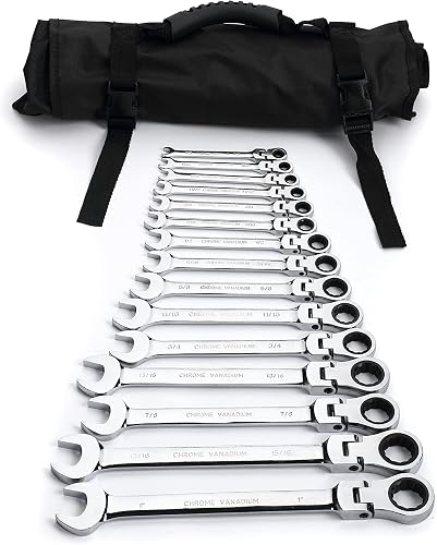 22pc. Flex-Head Ratcheting Wrench Set，Metric & SAEChrome Vanadium Steel Combination Wrench Spanner with Portable Carrying Bag (15PC Flex-Head)